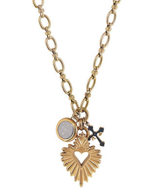 Gold necklace with tree charms the Sacred Heart, St. Benedict, and the Victory Cross.