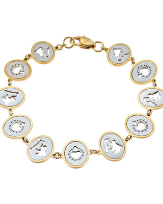 Bracelet with gold and silver ovals linked together, each oval is a detailed depiction of the Virgin Mary and the Sacred Heart